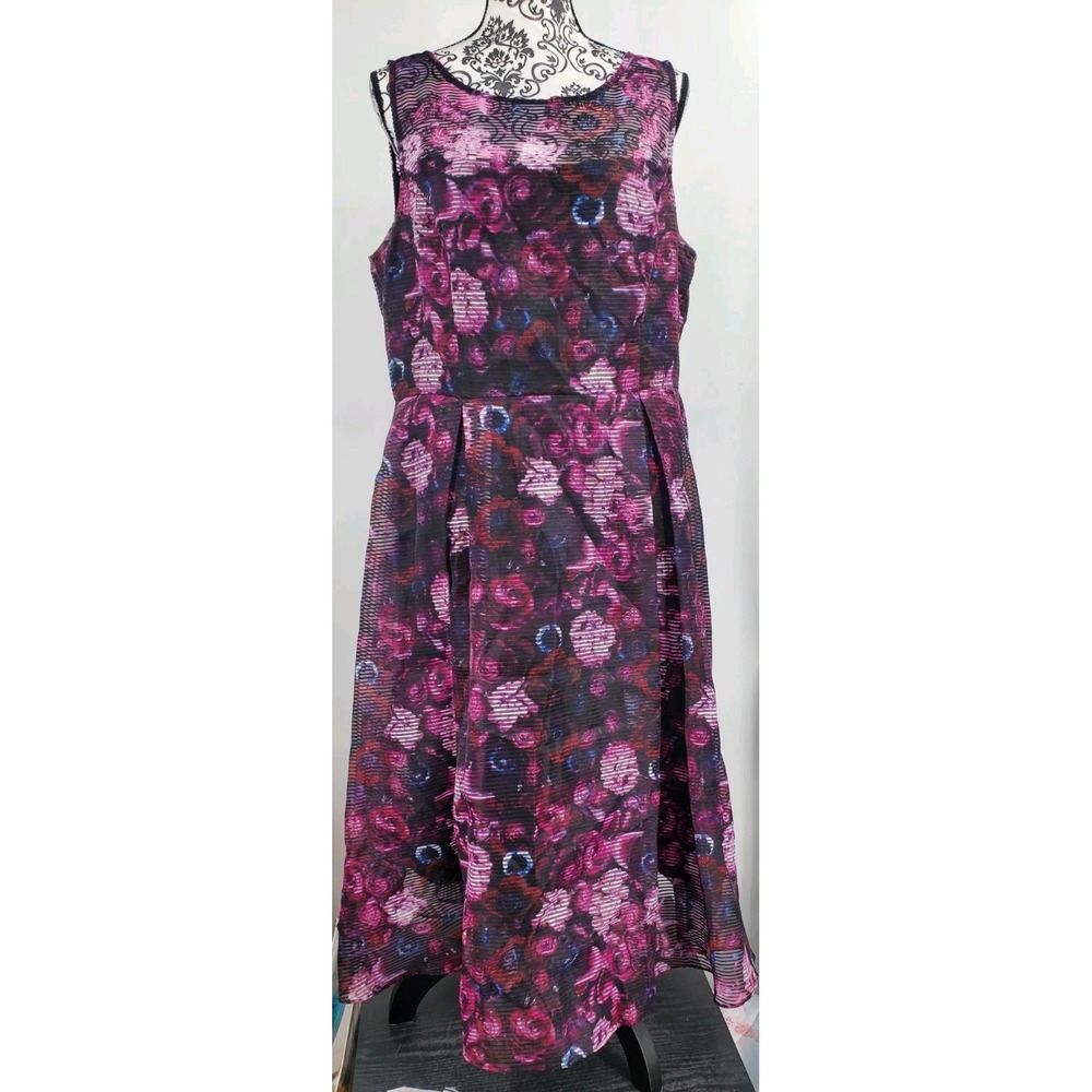 Adrianna Papell Fit & Flare Dress Black Floral Sleeveless Lined Organza Size 16